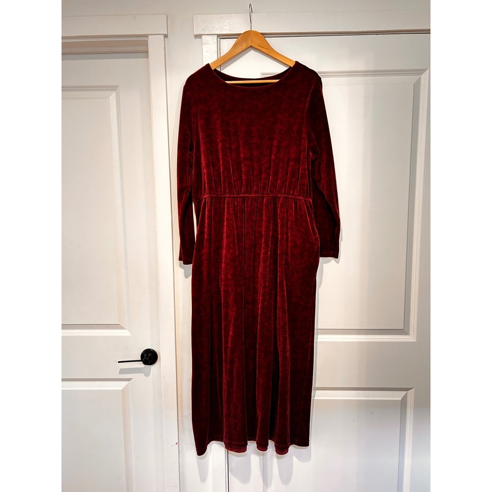 VTG Vermont Country Store Burgundy Velvet Burnout Floral Midi Dress Large Modest